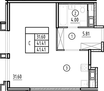 Планировка: Студия 41,4 м² в ЖК «Ассамблея»