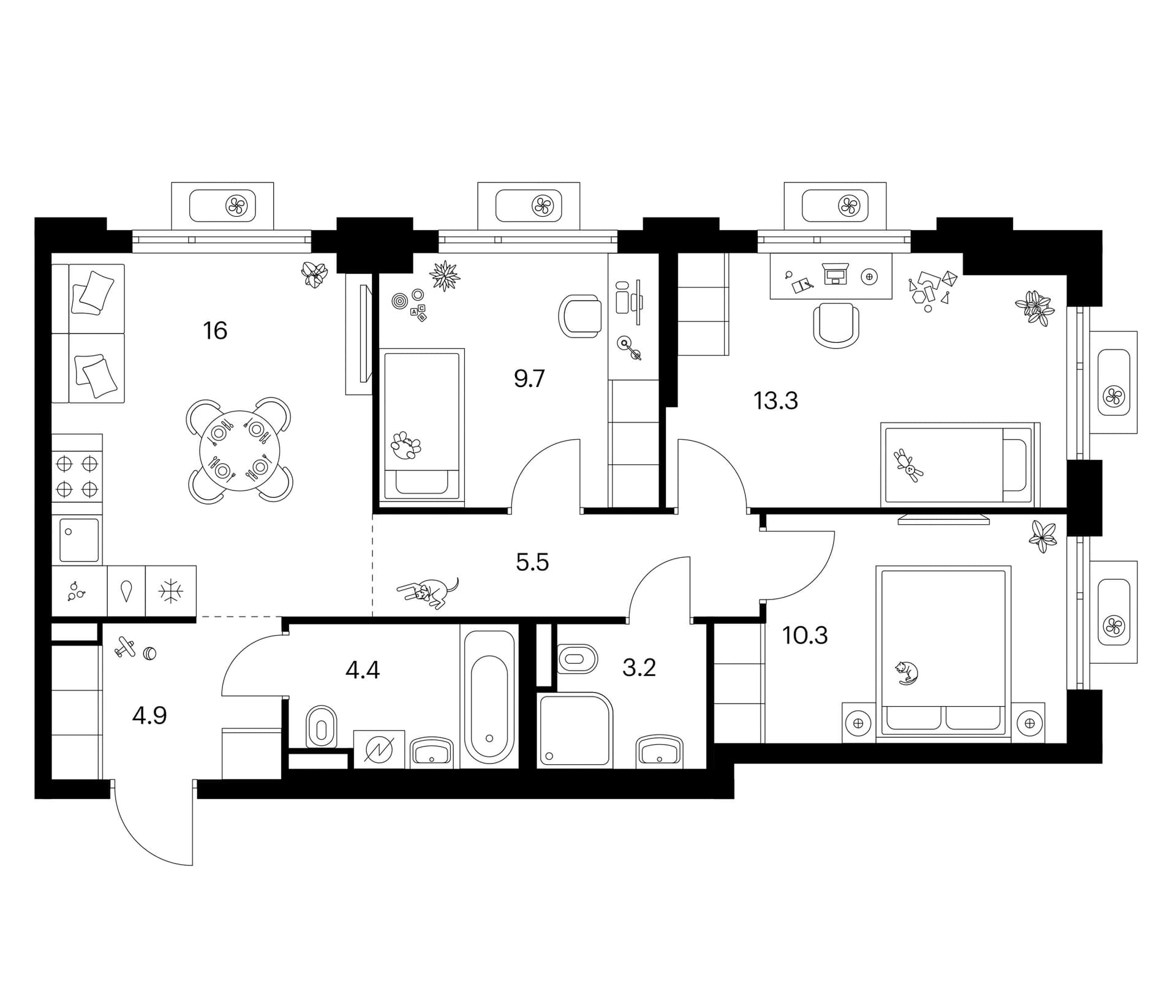 Планировка: 3-комнатная квартира 67,3 м² в ЖК «Белая Дача парк»