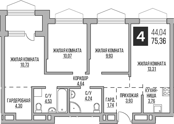 Планировка: Квартира евро-4 71,1 м² в ЖК «Гранель Коломенское»