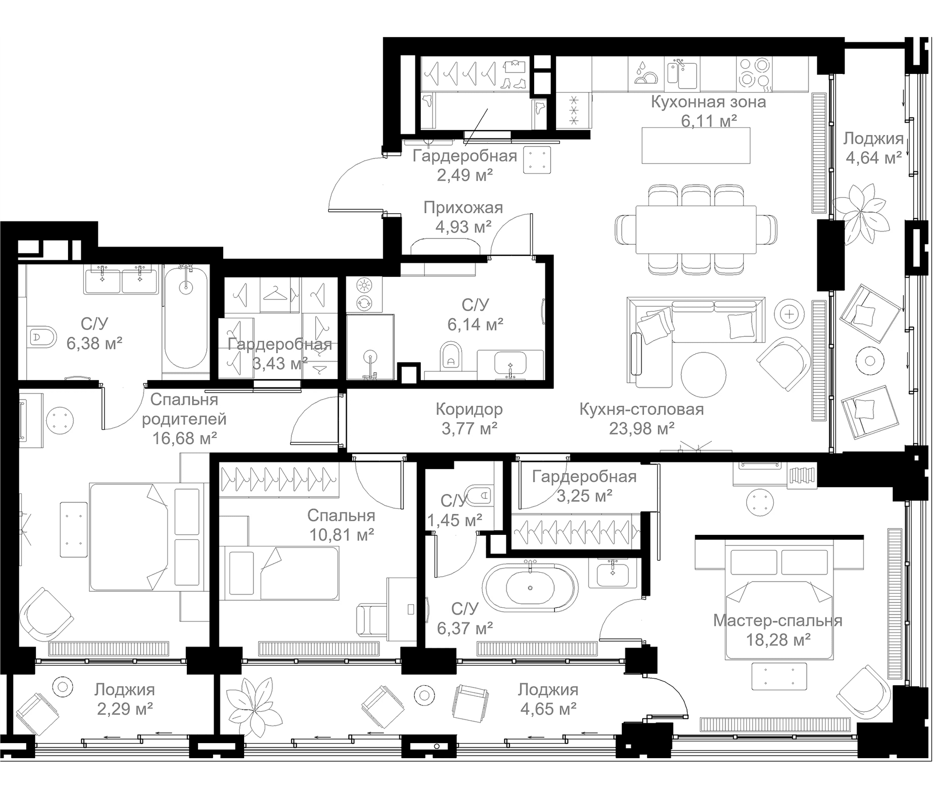 Планировка: 3-комнатная квартира 114,1 м² в ЖК «МЫС»