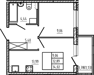 Планировка: 1-комнатная квартира 32,9 м² в ЖК «Новая история»