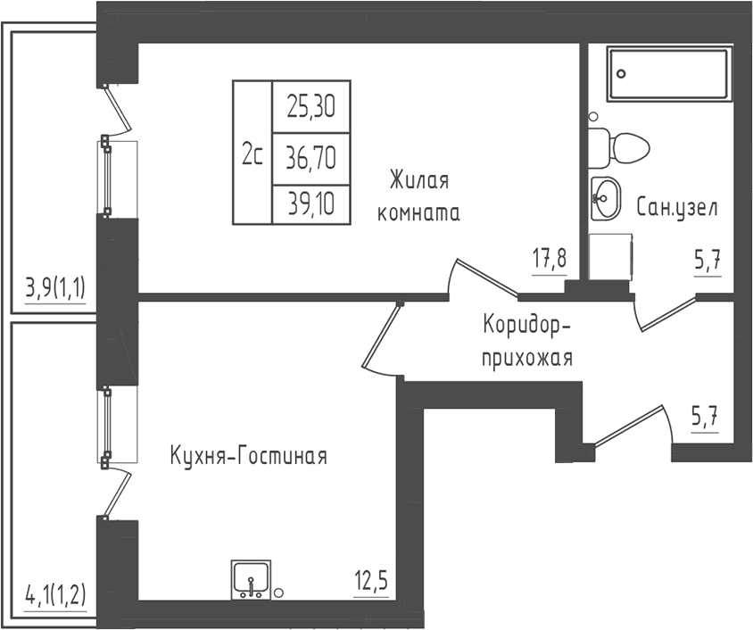 Планировка: 1-комнатная квартира 36,7 м² в ЖК «Зеленый город»