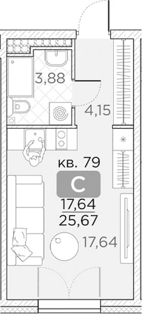 Планировка: Студия 25,7 м² в ЖК «Гильдия»