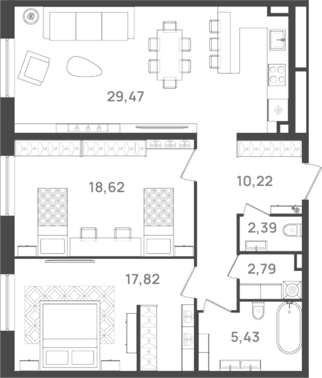 Планировка: Евротрёшка 88,7 м² в ЖК «6 Квартал»