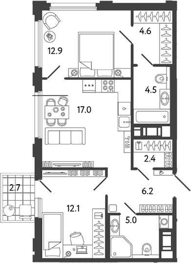 Планировка: Евротрёшка 64,7 м² в ЖК «Гений»