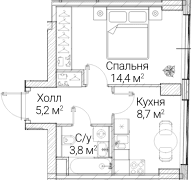 Планировка: 1-комнатная квартира 32 м² в ЖК «СЕЗАР БУДУЩЕЕ»