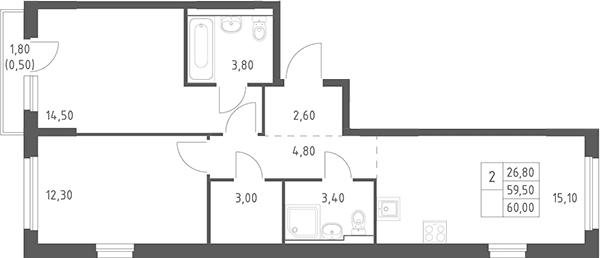 Планировка: Евротрёшка 59,5 м² в ЖК «Химки Парк»