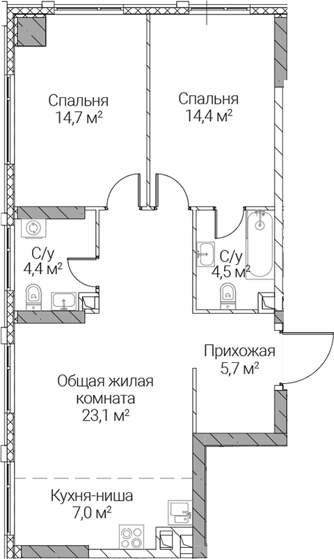 Планировка: Евротрёшка 73,8 м² в ЖК «СЕЗАР СИЛИКА»