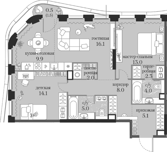 Планировка: 2-комнатная квартира 79,5 м² в ЖК «Муза»