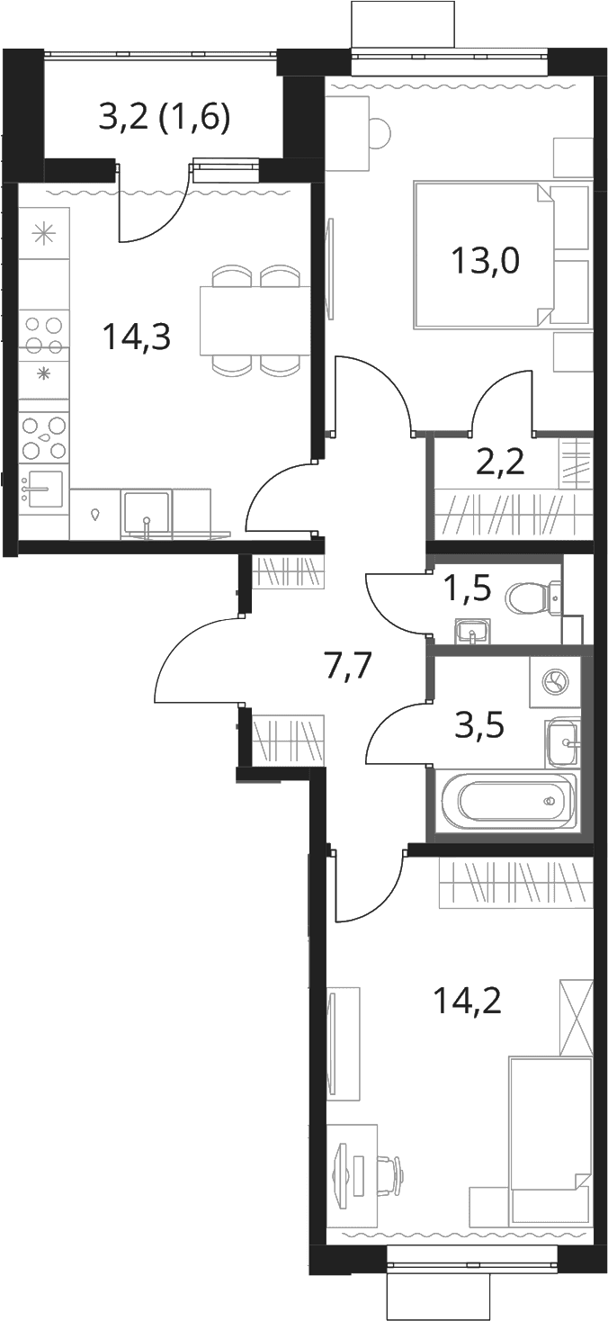 Планировка: 2-комнатная квартира 55,8 м² в ЖК «1-й Шереметьевский»