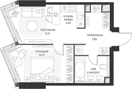 Планировка: Евродвушка 46 м² в ЖК «ХАЙДАУТ»