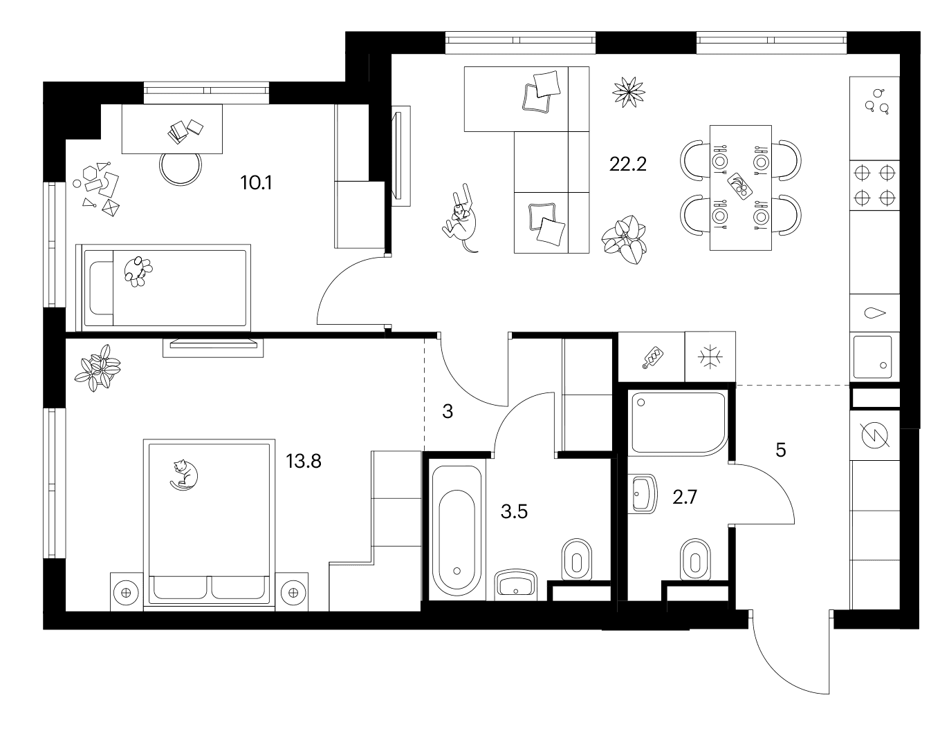 Планировка: 2-комнатная квартира 60,3 м² в ЖК «Ярославский»