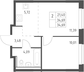 Планировка: Евродвушка 34,7 м² в ЖК «Егорово парк»