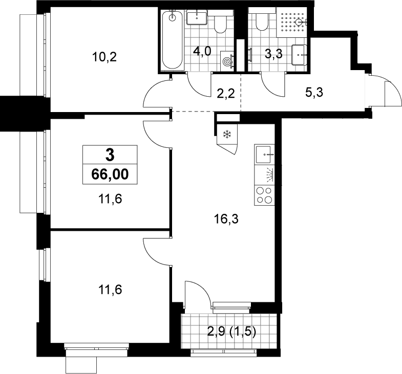Планировка: 3-комнатная квартира 64,5 м² в ЖК «Деснаречье»