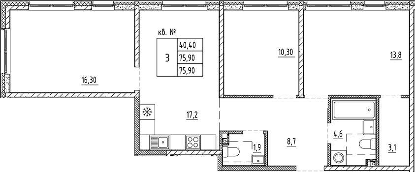 Планировка: Квартира евро-4 75,9 м² в ЖК «Плюс Пулковский»