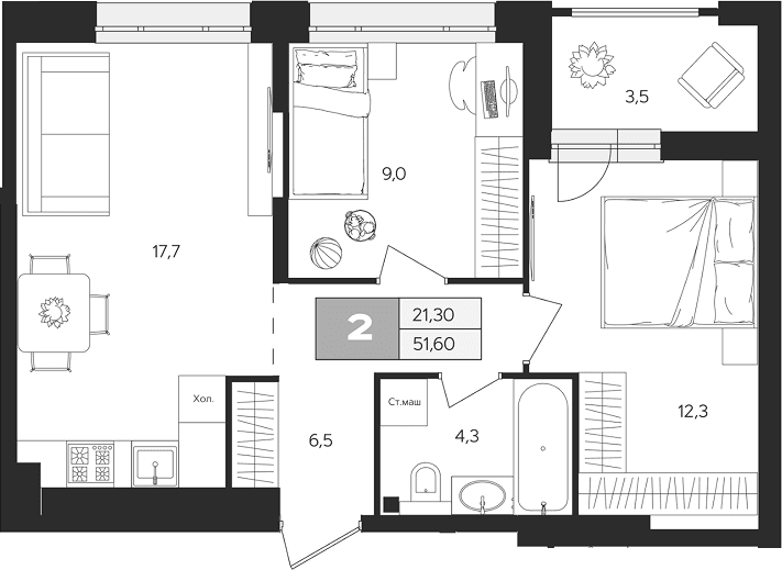 Планировка: 2-комнатная квартира 49,9 м² в ЖК «Ласточкино»