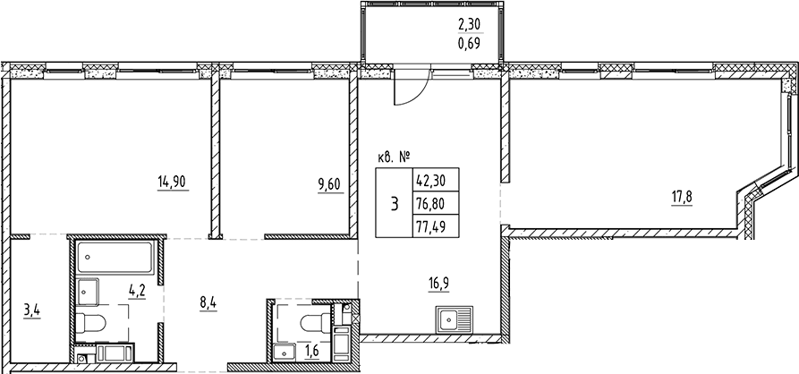 Планировка: Квартира евро-4 76,8 м² в ЖК «Плюс Пулковский»