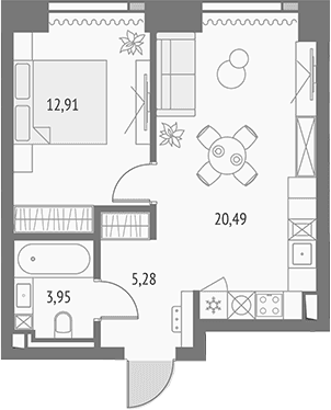 Планировка: Евродвушка 43,7 м² в ЖК «Апсайд Тауэрс»