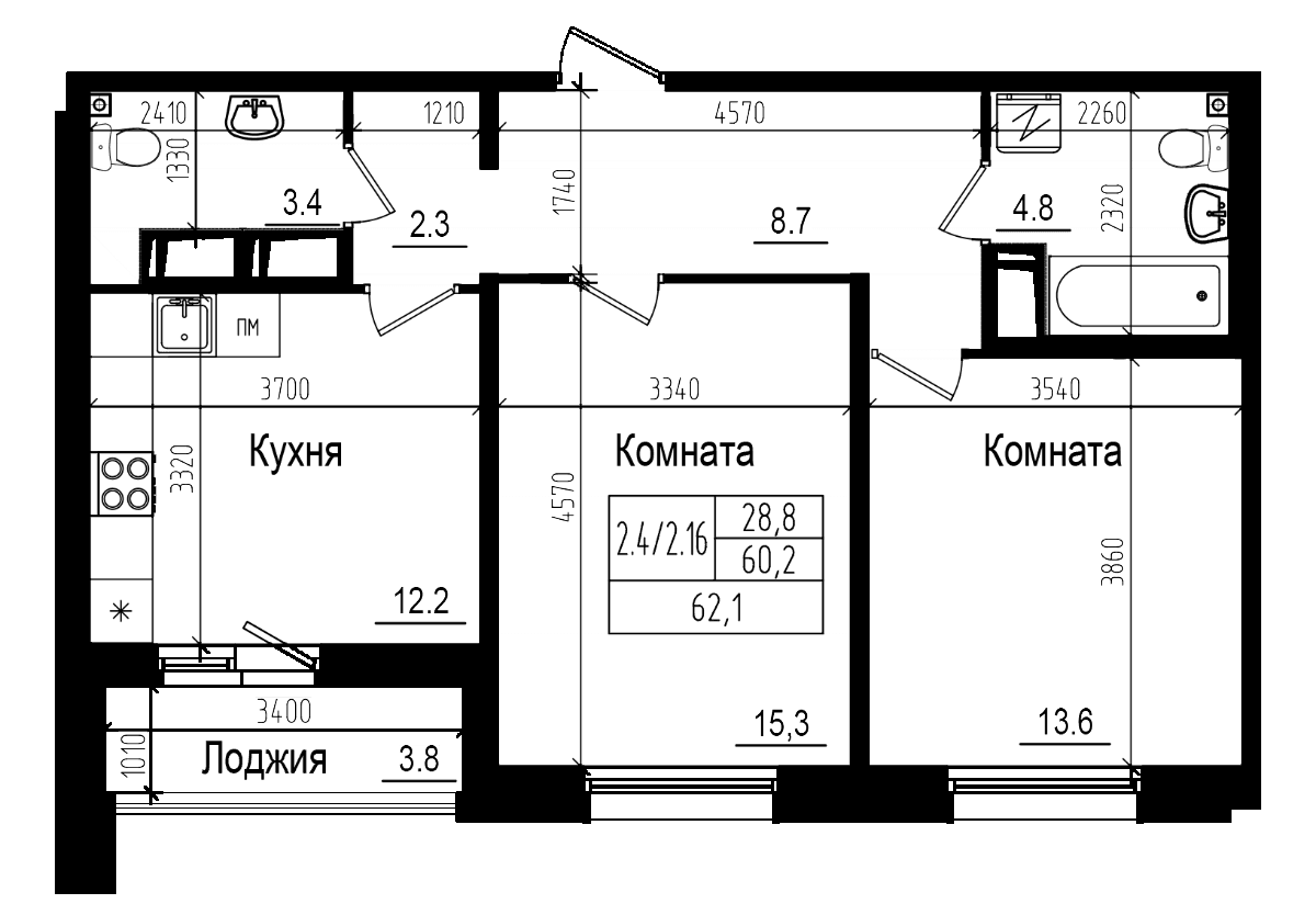 Планировка: 2-комнатная квартира 60,3 м² в ЖК «Прагма Сити»