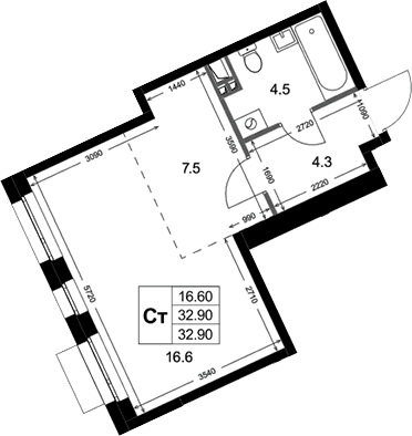Планировка: Студия 32,9 м² в ЖК «Кореневский Форт 2.3»