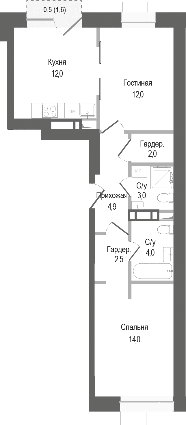 Планировка: 2-комнатная квартира 54,4 м² в ЖК «Киноквартал»