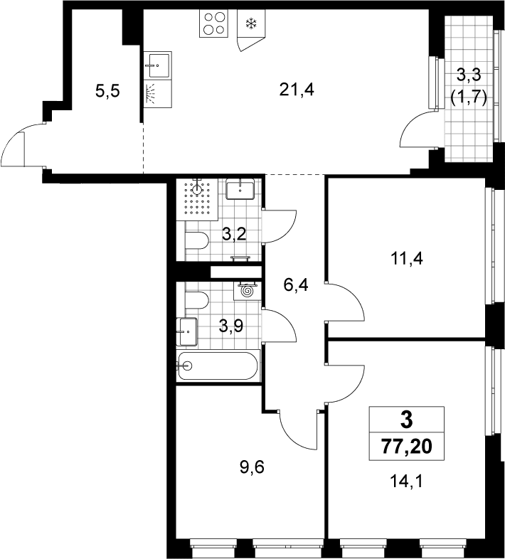 Планировка: Квартира евро-4 75,5 м² в ЖК «Деснаречье»