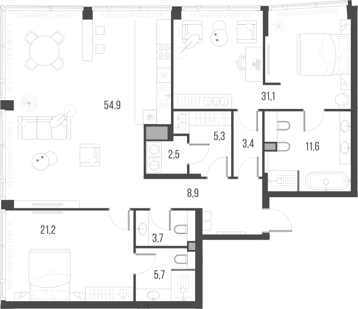 Планировка: Евротрёшка 148,3 м² в ЖК «HIGH LIFE»