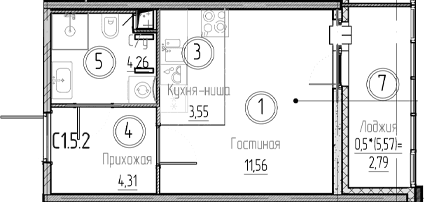 Планировка: Студия 23,7 м² в ЖК «Аквилон Верба»