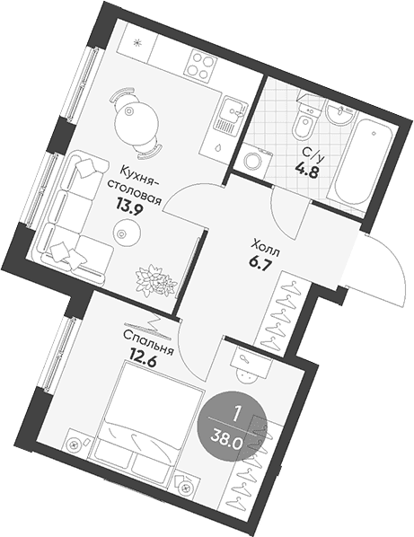 Планировка: 1-комнатная квартира 38 м² в ЖК «Клюква.Парк»