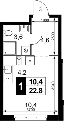 Планировка: Студия 22,8 м² в ЖК «1-й Химкинский»