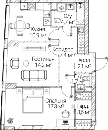 Планировка: 2-комнатная квартира 61,8 м² в ЖК «СЕЗАР БУДУЩЕЕ»