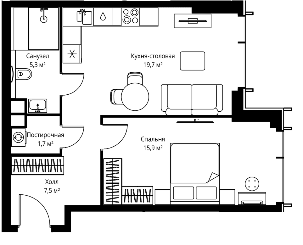 Планировка: Евродвушка 50,1 м² в ЖК «Веер»