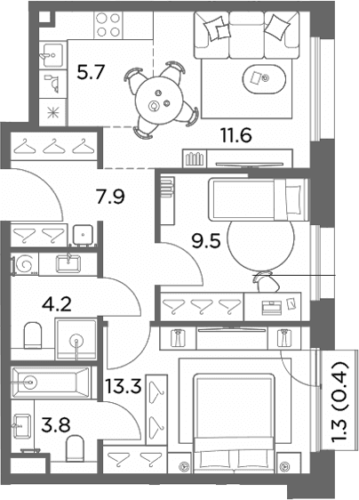 Планировка: Евротрёшка 56 м² в ЖК «Станиславский»