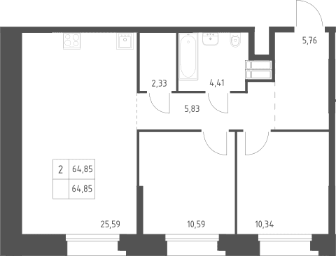 Планировка: 2-комнатная квартира 64,9 м² в ЖК «Тропарево Парк»