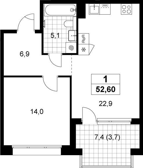 Планировка: Евродвушка 48,9 м² в ЖК «Хольм»