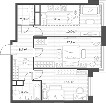 Планировка: Евротрёшка 62,6 м² в ЖК «Аристов Берег»