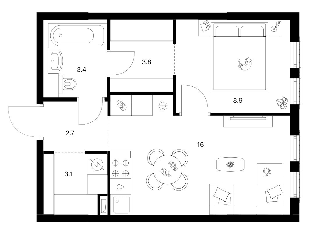 Планировка: 1-комнатная квартира 37,9 м² в ЖК «Москворечье»