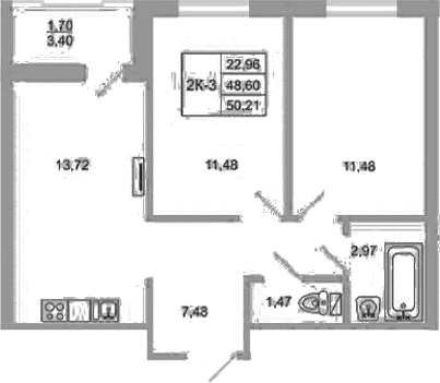 Планировка: 2-комнатная квартира 48,6 м² в ЖК «Стороны света 2»