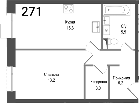 Планировка: Евродвушка 43,2 м² в ЖК «Киноквартал»