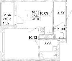 Планировка: 1-комнатная квартира 27,6 м² в ЖК «Аэросити»