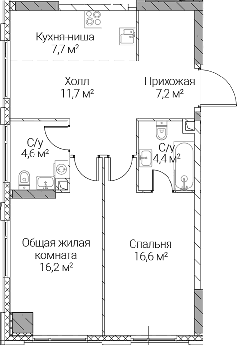 Планировка: Евротрёшка 68,4 м² в ЖК «СЕЗАР СИЛИКА»