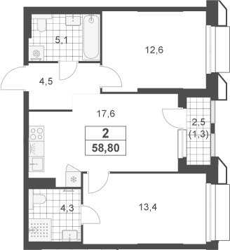 Планировка: Евротрёшка 57,5 м² в ЖК «Южные сады»