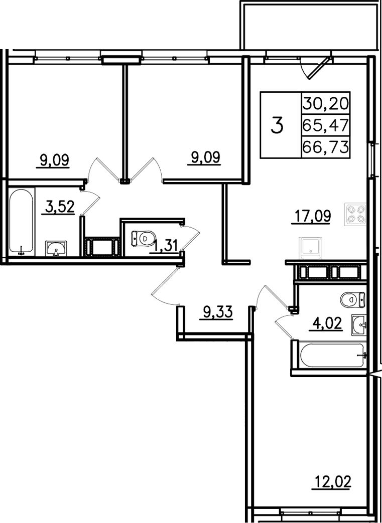 Планировка: Квартира евро-4 65,5 м² в ЖК «Аэросити Лайф»