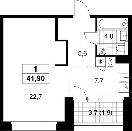 Планировка: 1-комнатная квартира 40 м² в ЖК «Хольм»