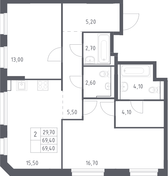 Планировка: Евротрёшка 69,4 м² в ЖК «Химки Парк»