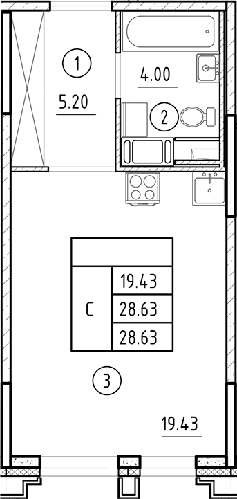 Планировка: Студия 28,6 м² в ЖК «Ассамблея»
