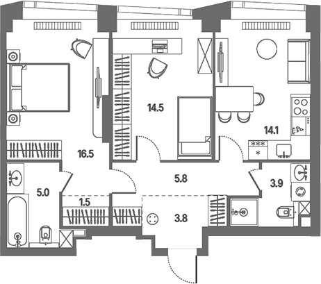 Планировка: Евротрёшка 65,1 м² в ЖК «КОД Сокольники»