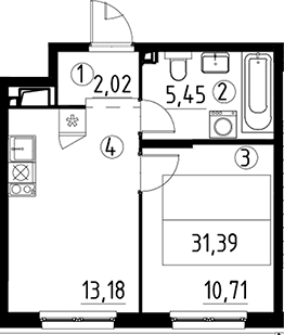 Планировка: 1-комнатная квартира 31,4 м² в ЖК «А101 Лаголово»