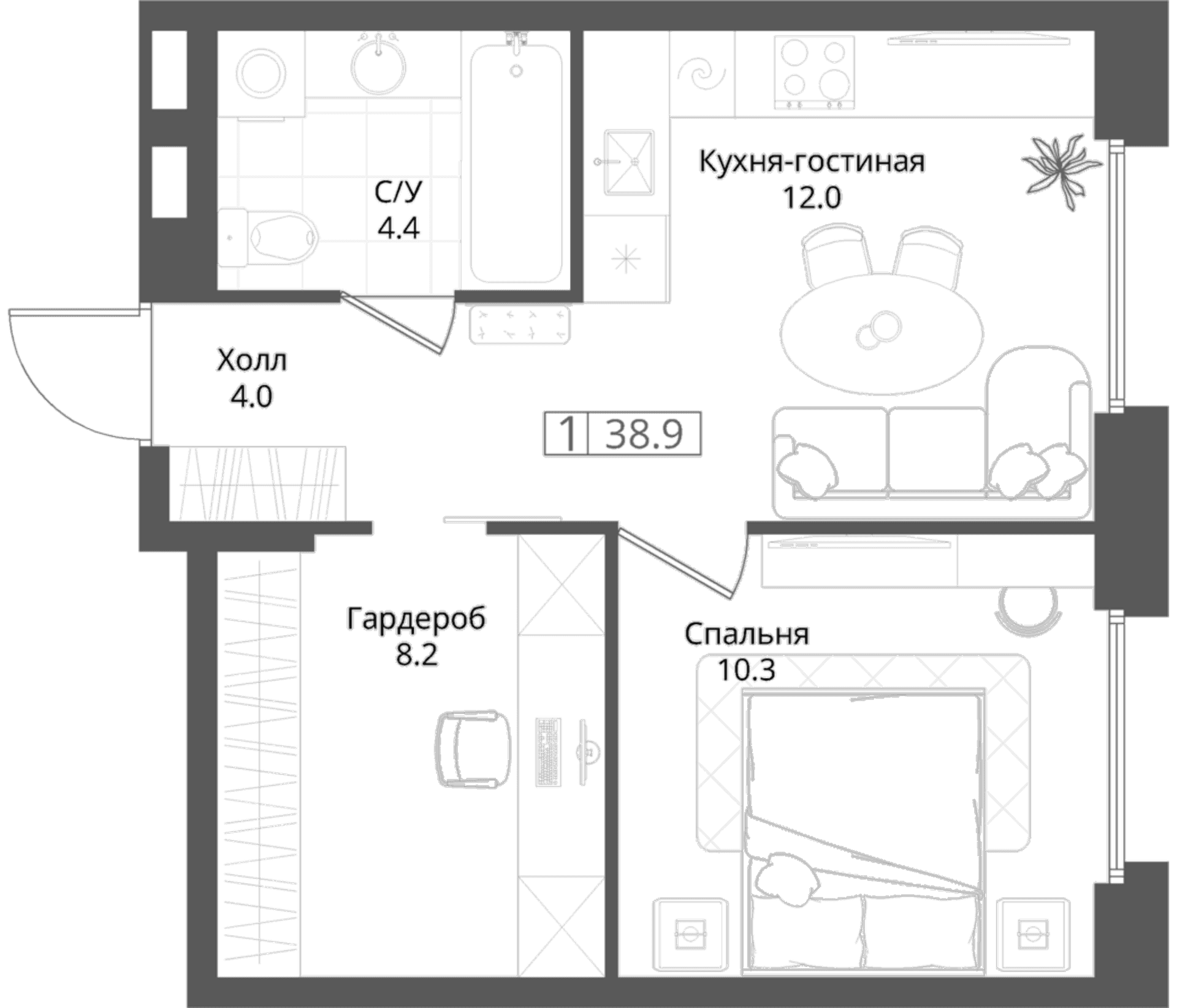 Планировка: 1-комнатная квартира 38,9 м² в ЖК «Коллекция»