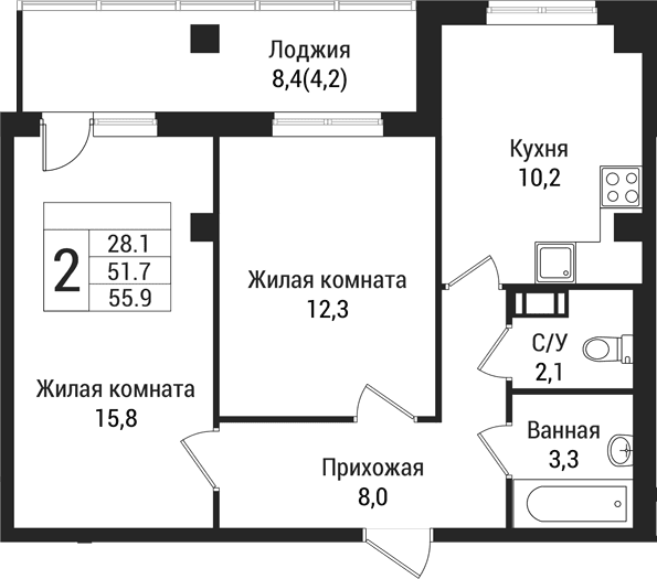 Планировка: 2-комнатная квартира 51,7 м² в ЖК «Южная Заря»